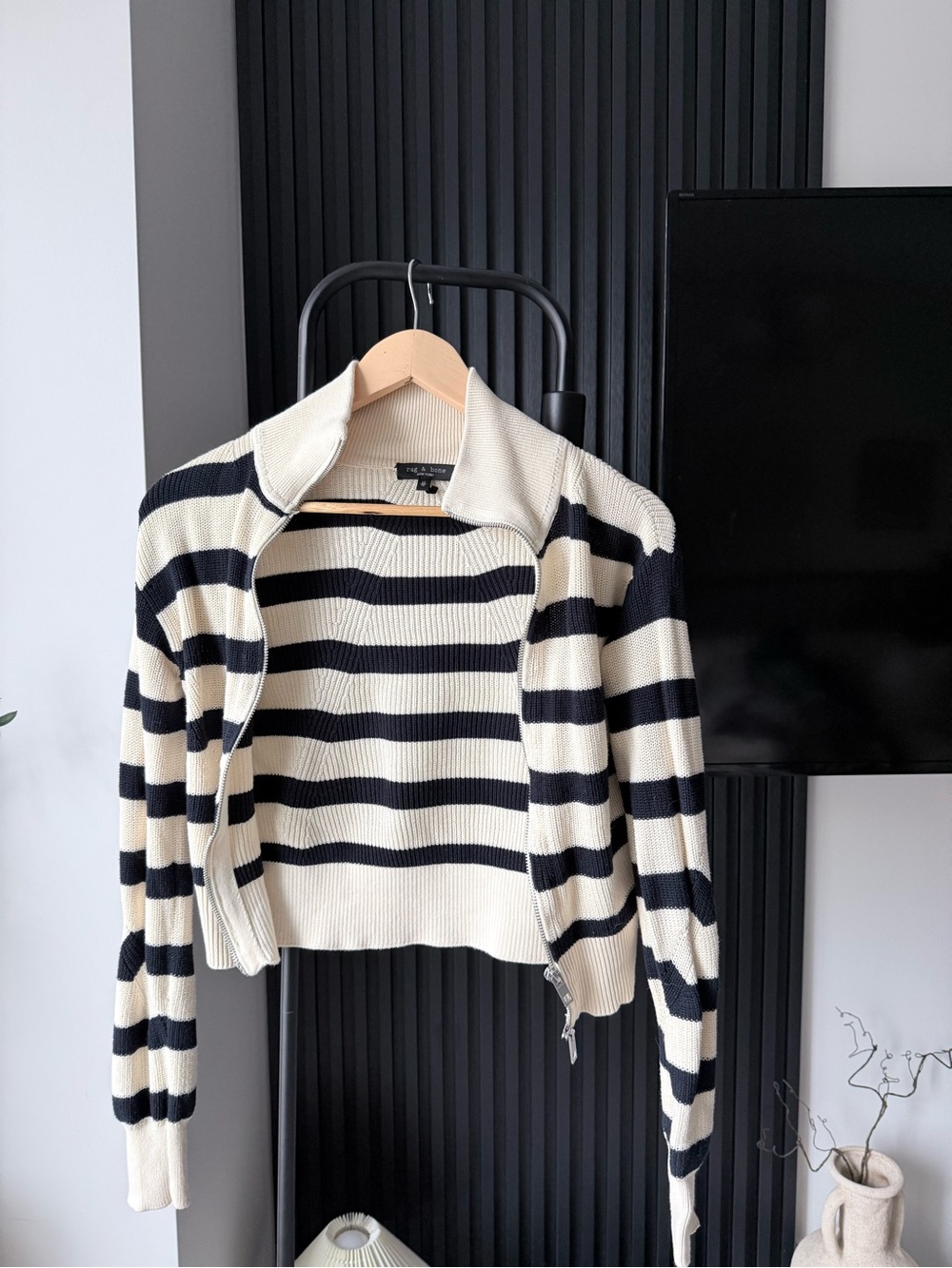 rag & bone Cream and Black Striped Cropped Zip Sweater